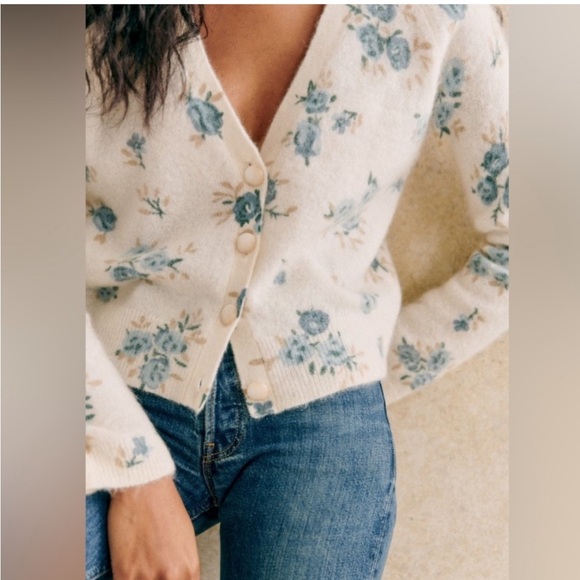 Sezane Nerys Cardigan Blue Floral Sweater. Size Small - Picture 2 of 12